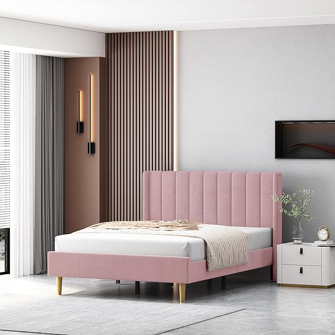 Pink Full Size Upholstered Platform Bed Frame with Wingback Headboard
