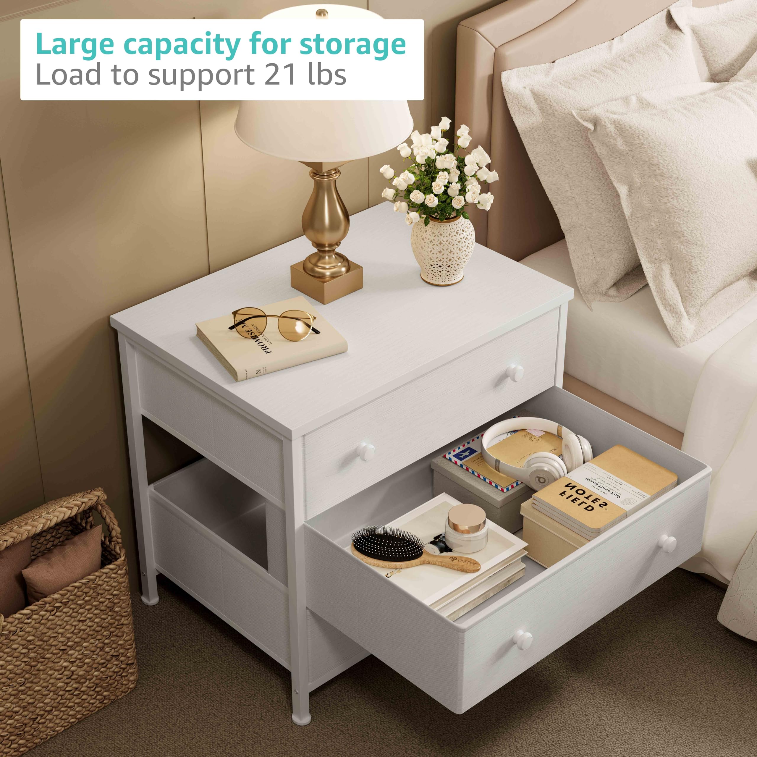 White Nightstand with 3 Fabric Drawers