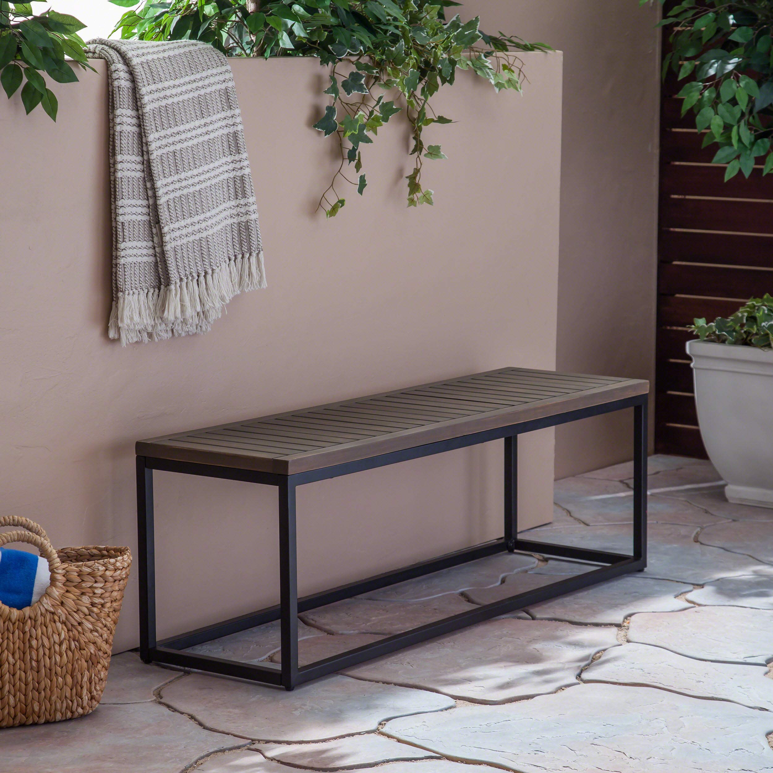 Outdoor Industrial Acacia Wood and Iron Bench
