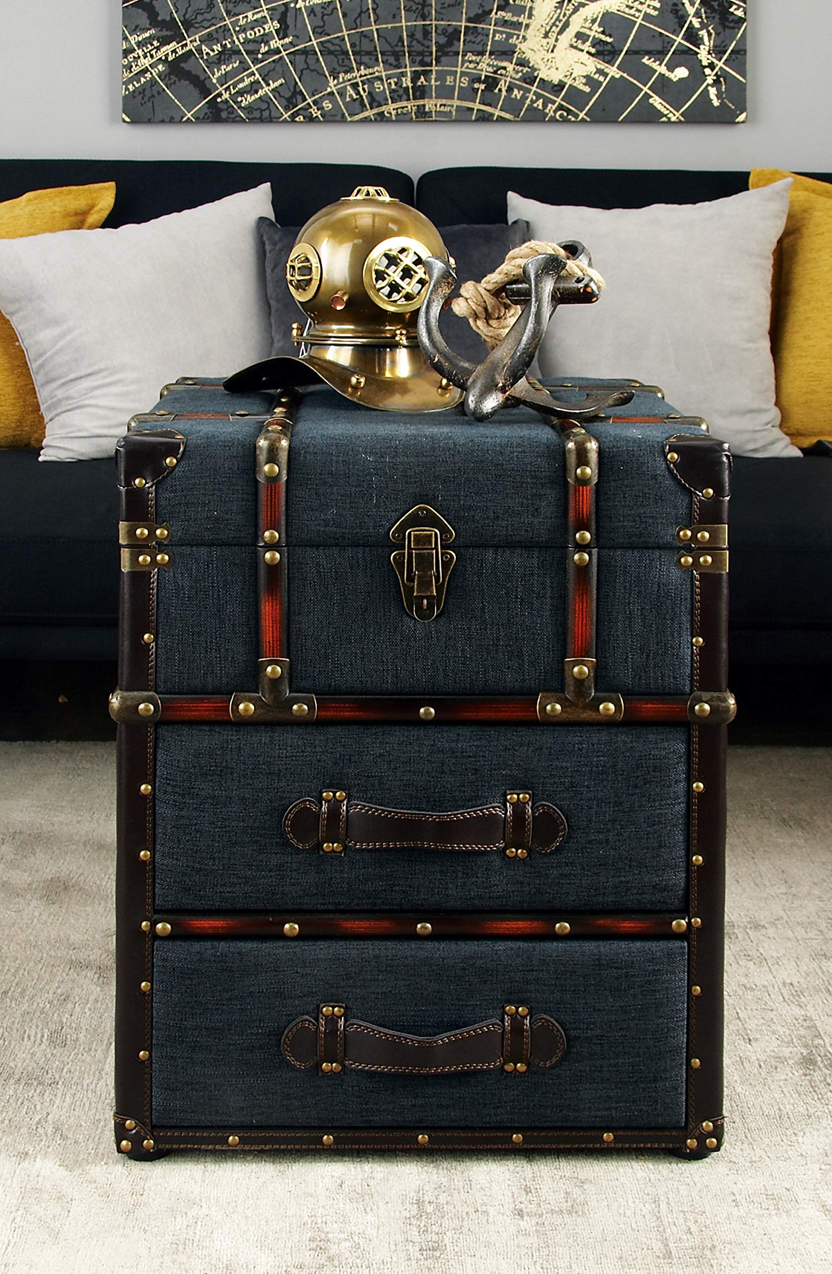 Blue Linen Upholstered 2-Drawer Accent Table
