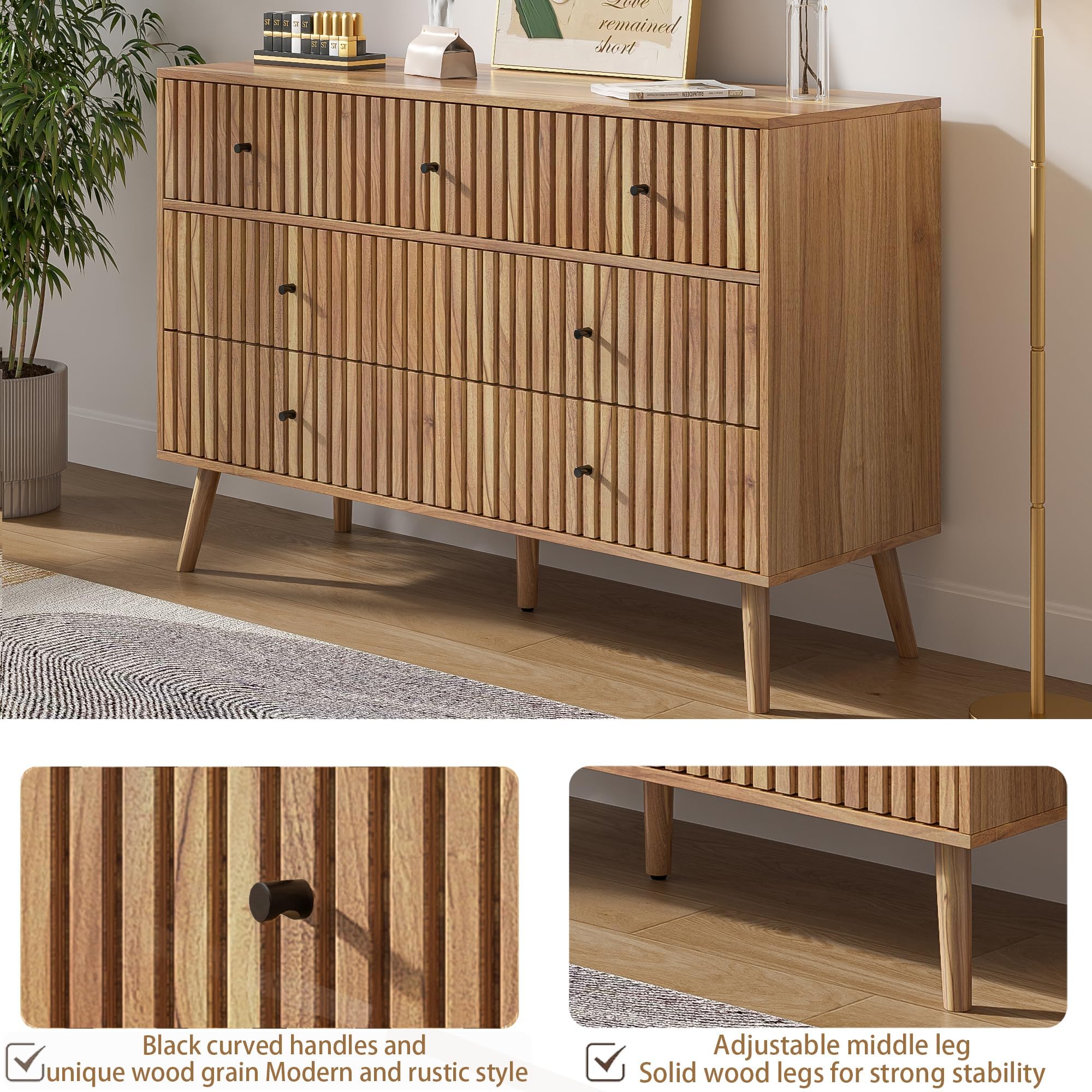 Fluted 7 Drawer Dresser with Black Handles
