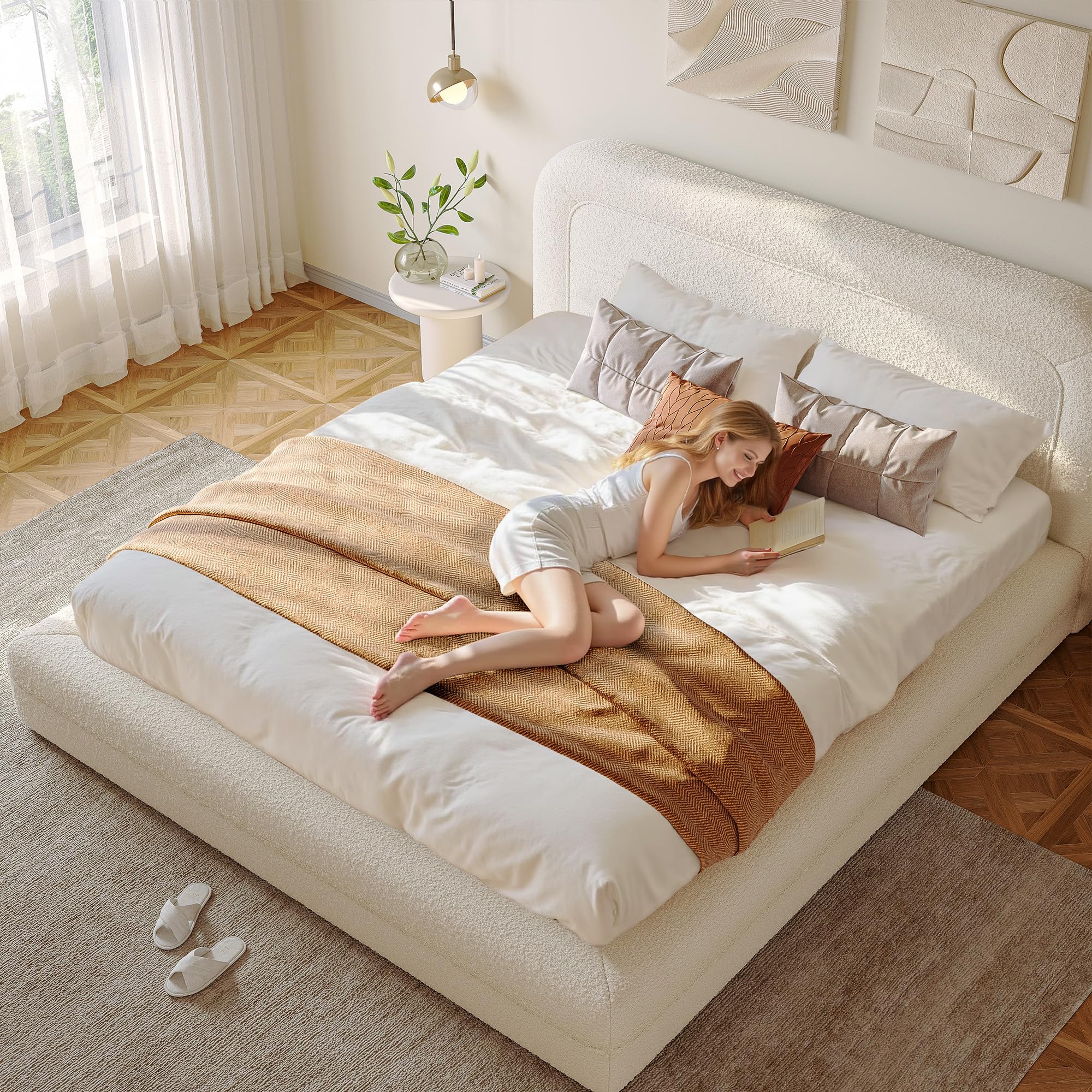 Queen Upholstered Platform Bed Frame with Curved Headboard