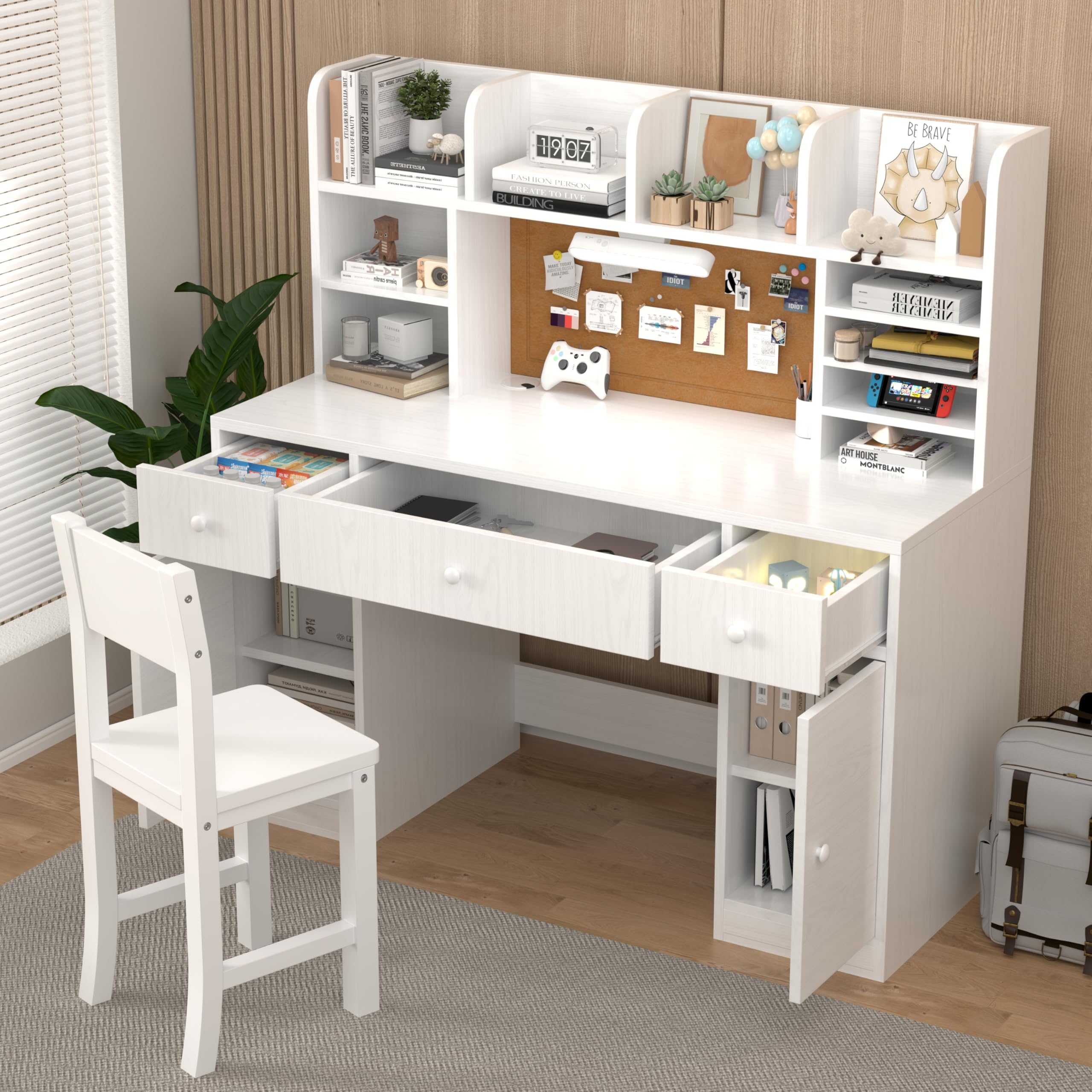 Kids Study Desk and Chair Set with LED Light and Storage