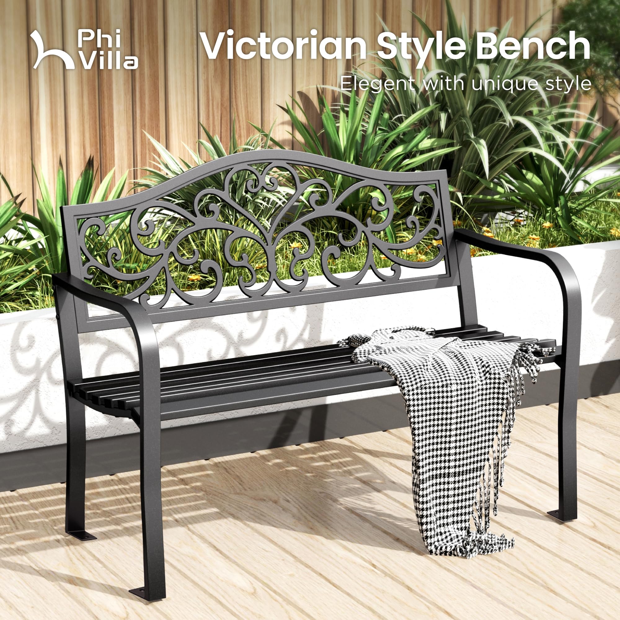 Cast Iron Garden Bench with Floral Backrest
