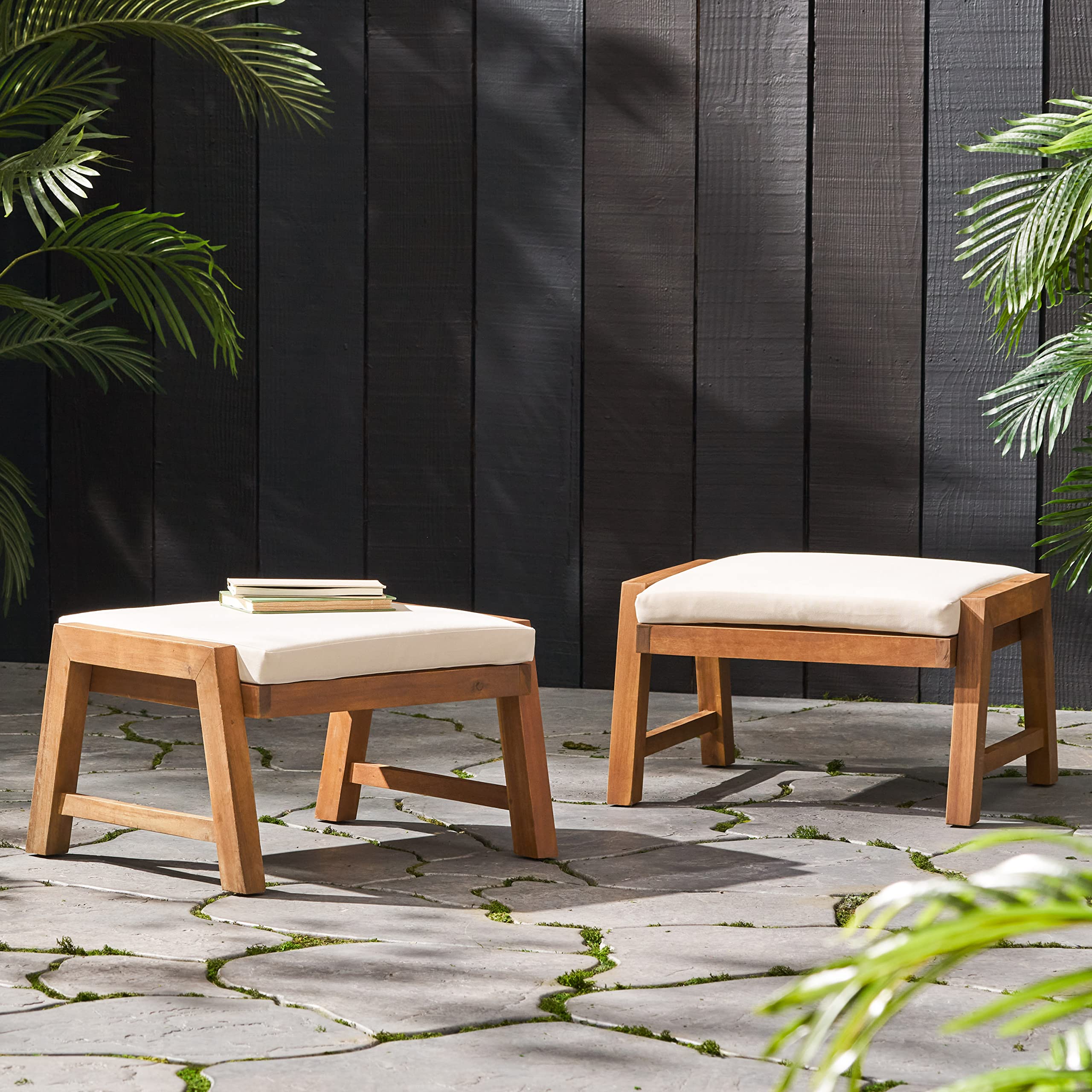 Outdoor Ottomans with Cushion Set of 2 Acacia Wood