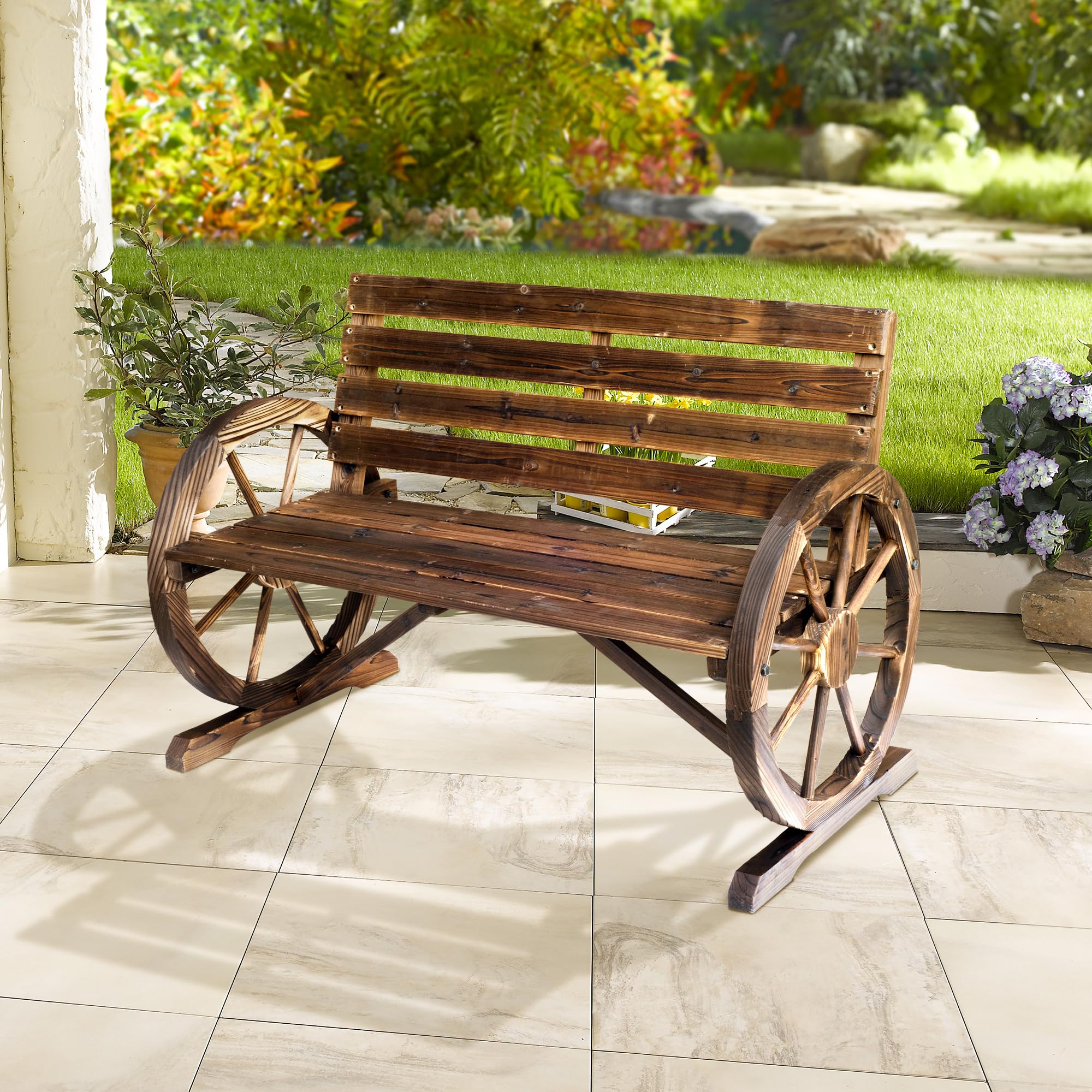 Wooden Wagon Wheel Bench Outdoor Patio Furniture