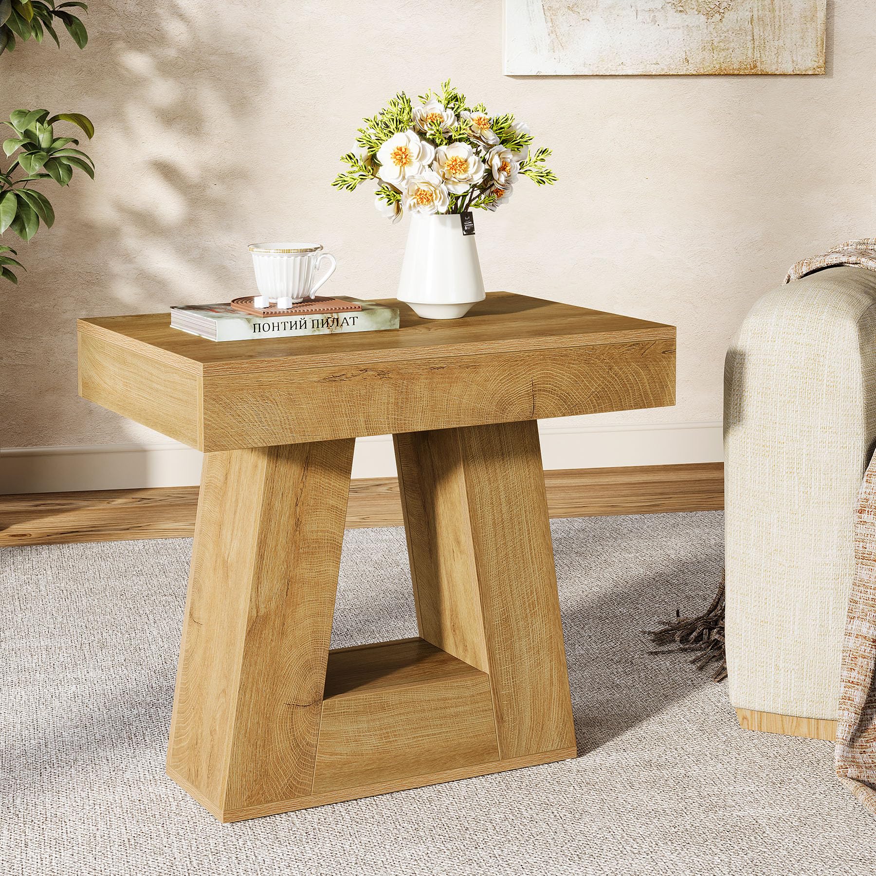 24" Modern Side Table 2-Tier Narrow Wooden End Table