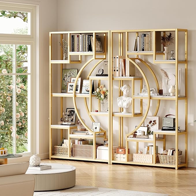 White and Gold Bookshelf Set of 2 - 5 Tier Geometric Bookcase with Metal Frame