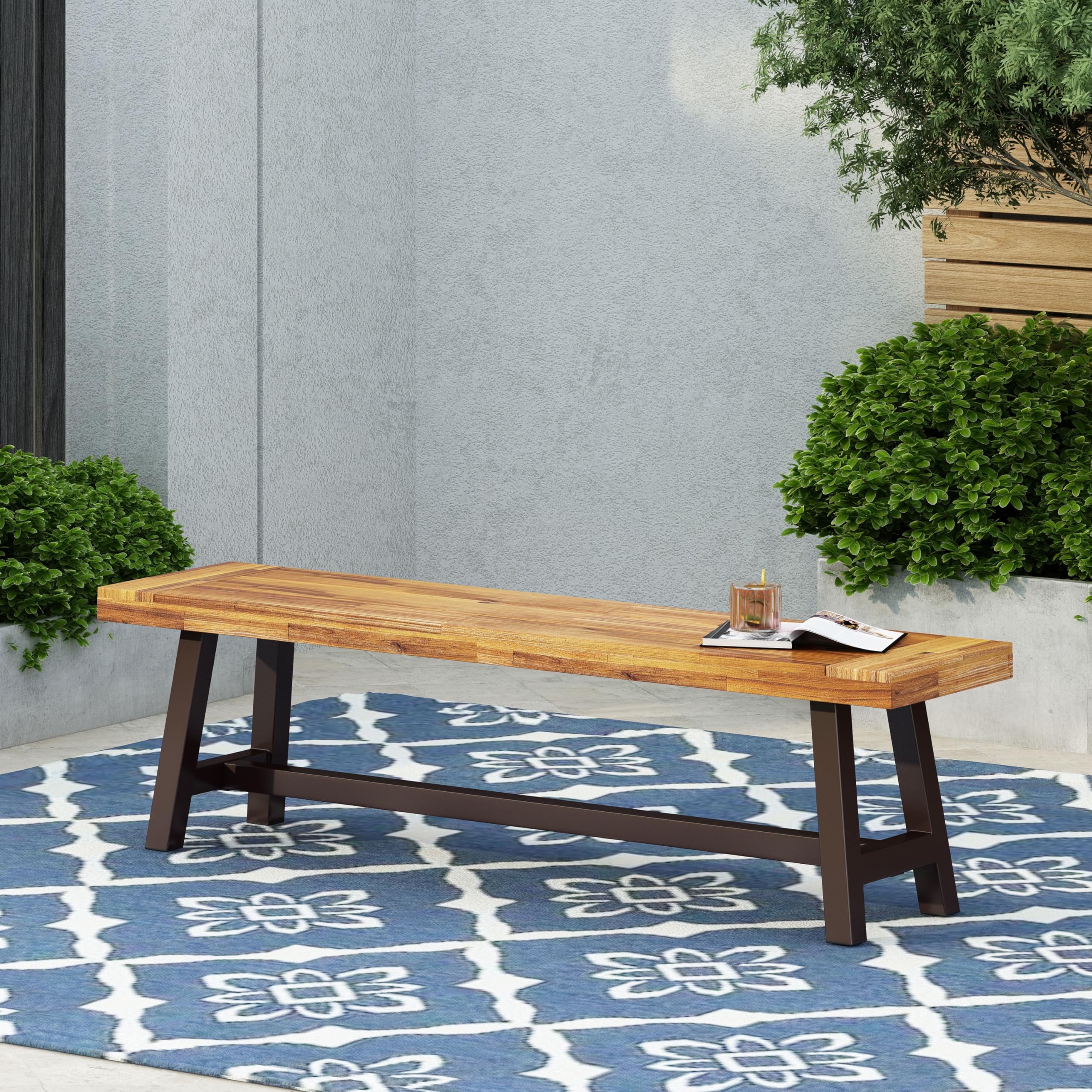 Outdoor Acacia Wood Bench with Rustic Metal Frame