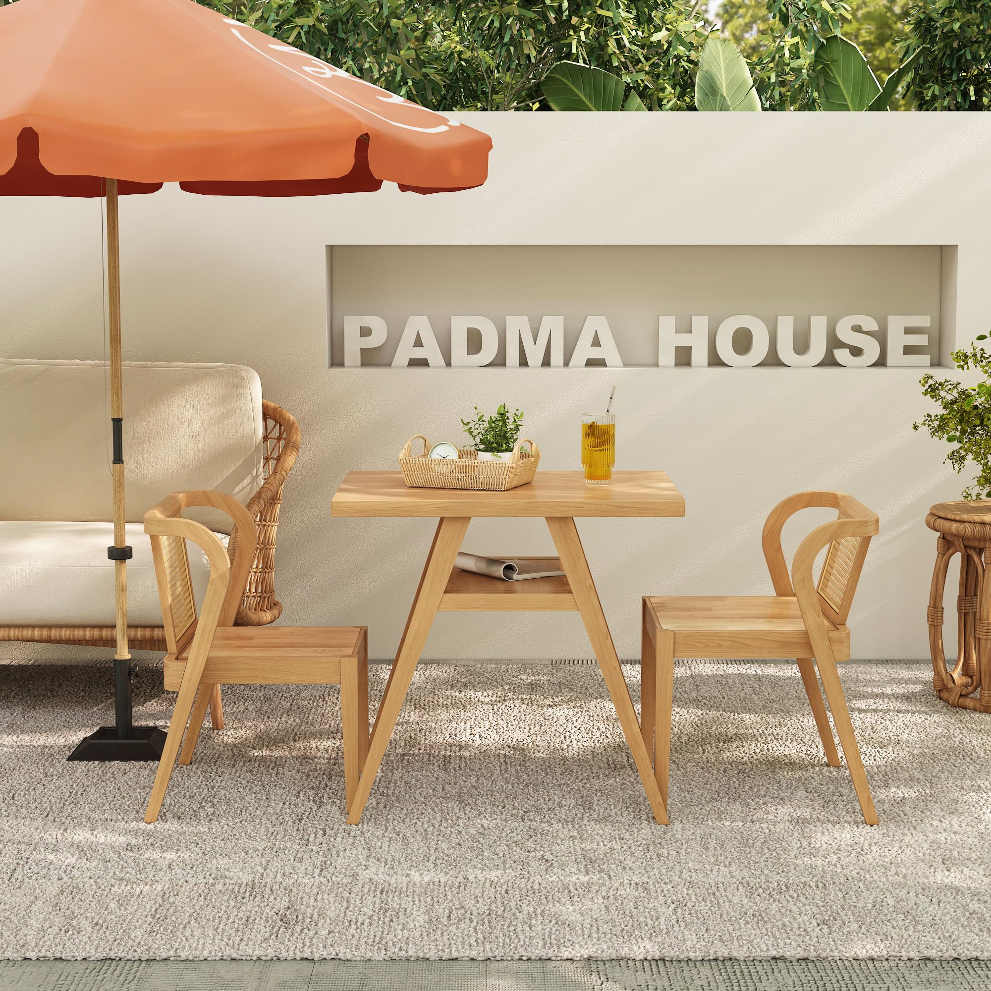 Bistro Stacking Table Chair Set of 3 with Rattan Backrest