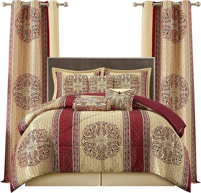 California King Comforter Set Navy Medallion Jacquard 7 Piece