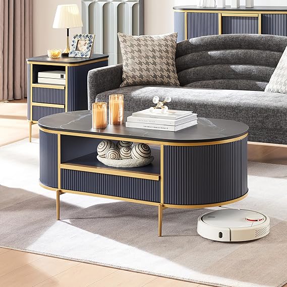 Modern Luxury Fluted Coffee Table 48" Oval with Drawer