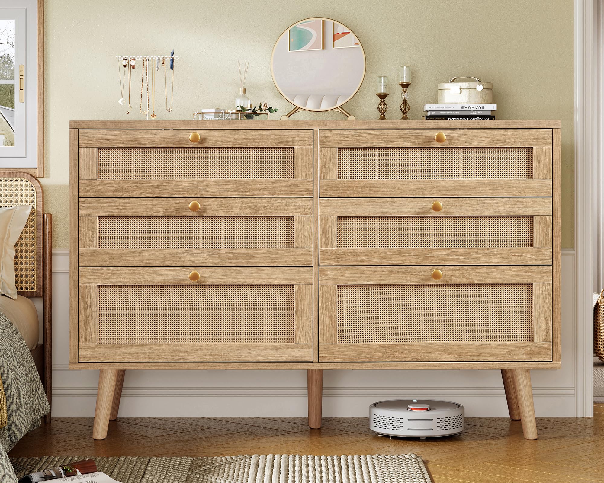 6 Drawer Double Dresser with Solid Wood Legs