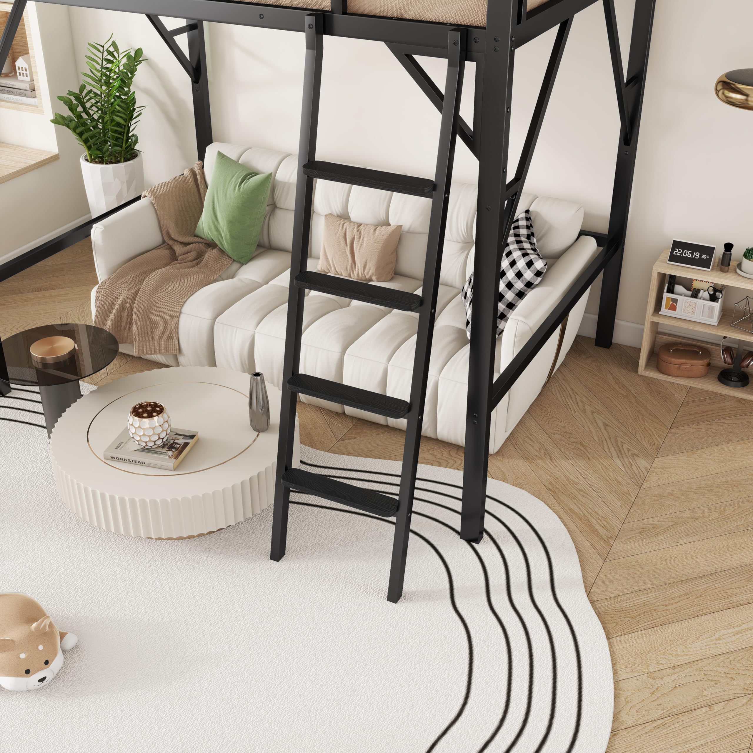 Full Size Metal Loft Bed Frame with Ladder and Storage Shelves