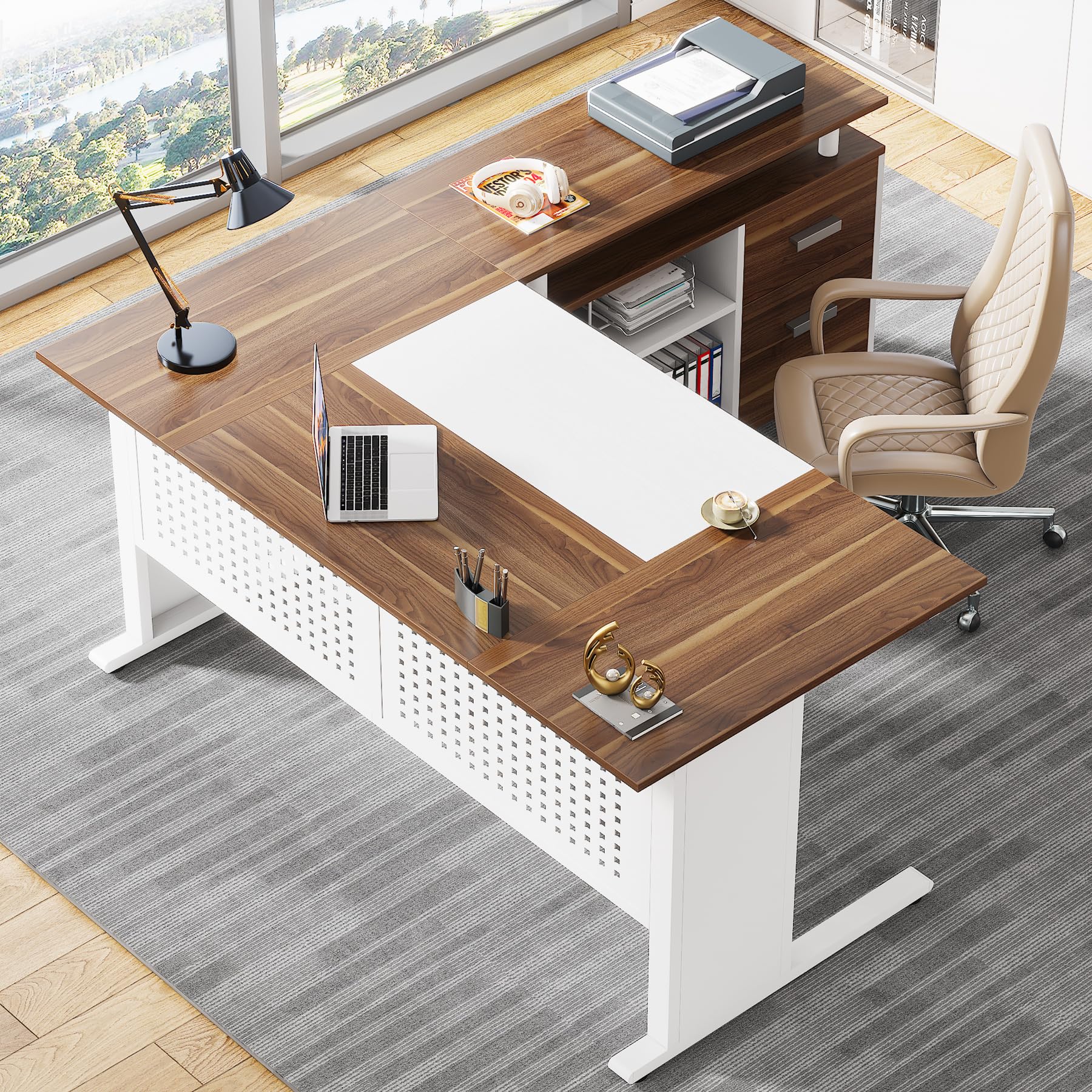 63 Inch L-Shaped Executive Desk with File Cabinet