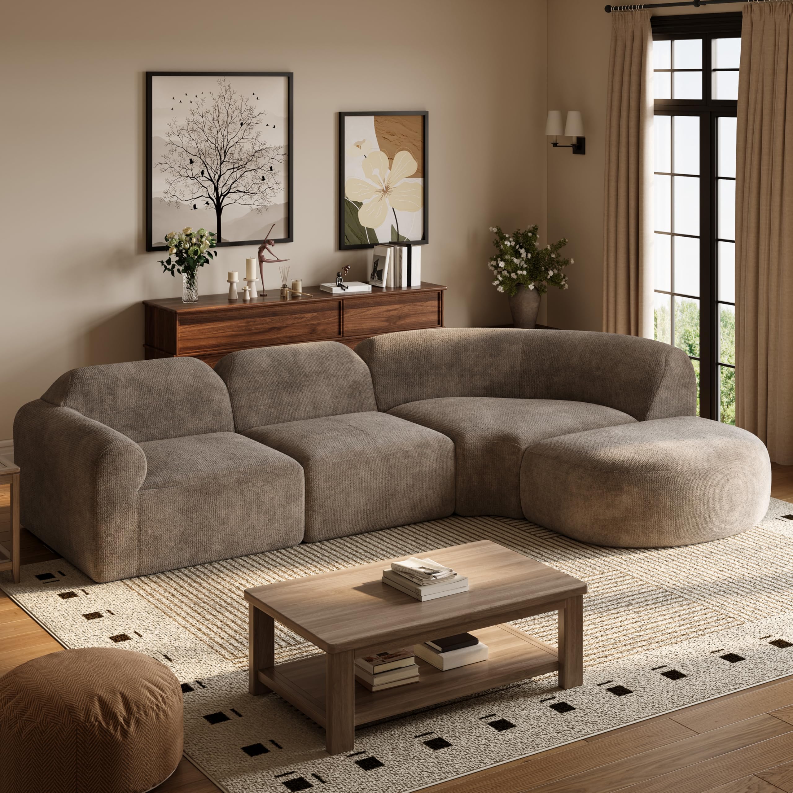 Modern Curved Sectional Sofa with Ottoman - 4 Piece Set
