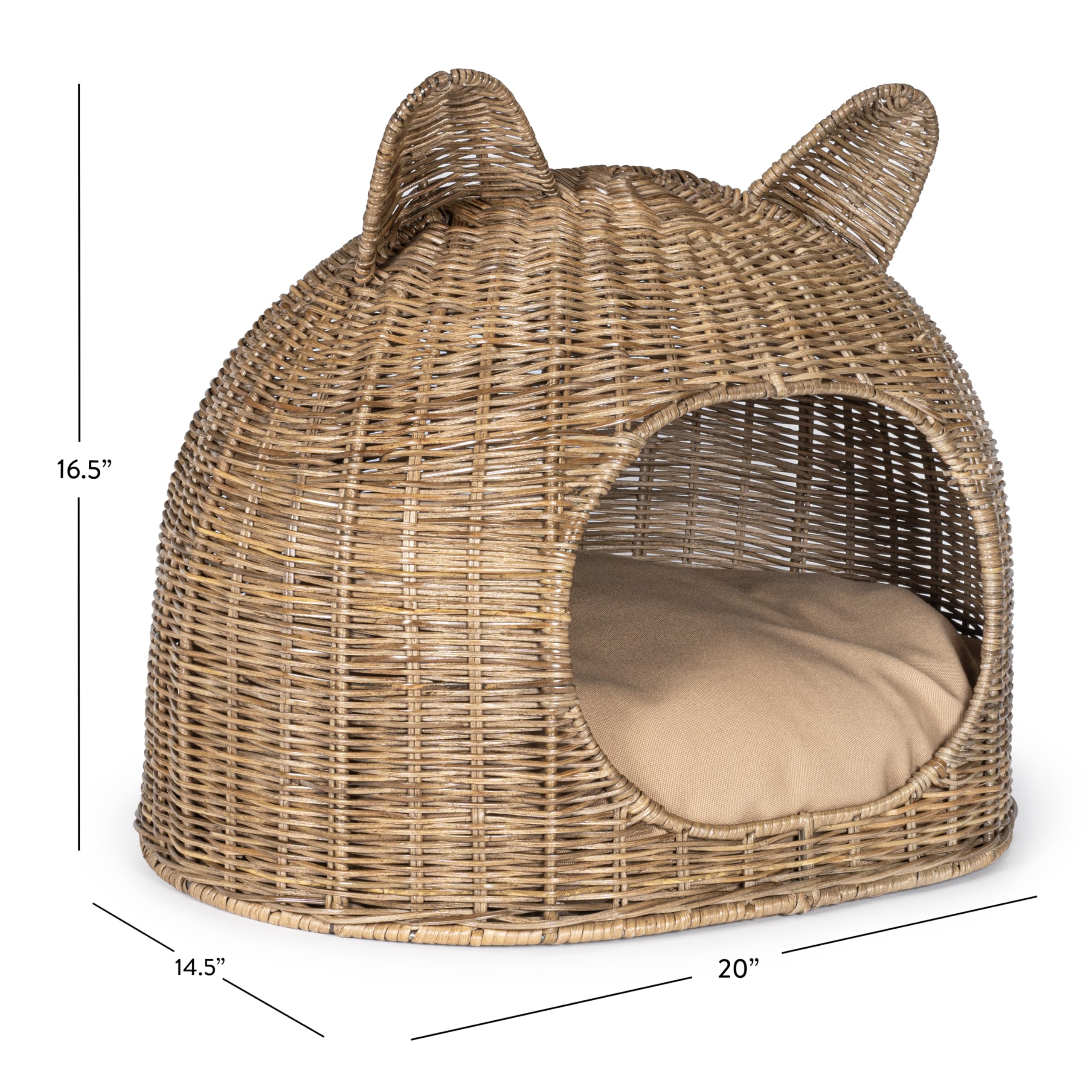 Cat Ear Coastal Handwoven Rattan Cat Bed with Washable Cushion