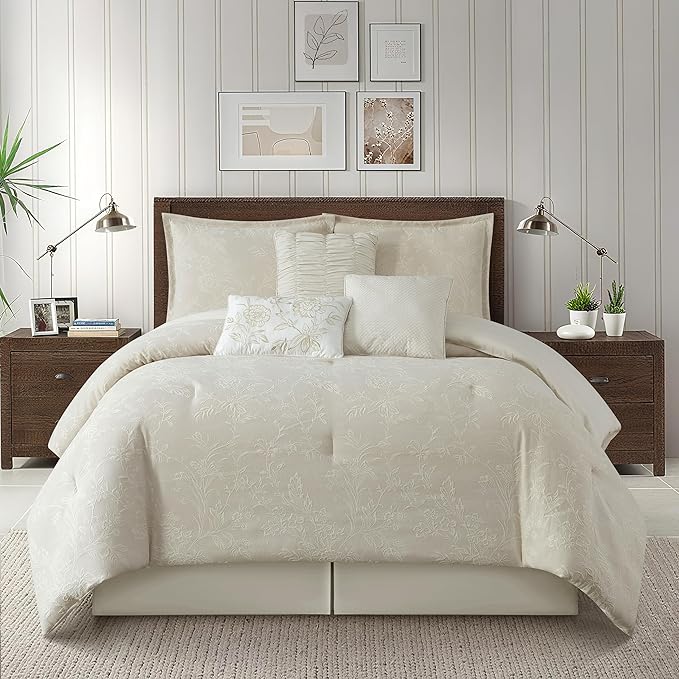 6-Piece King Comforter Set White Jacquard Geometric