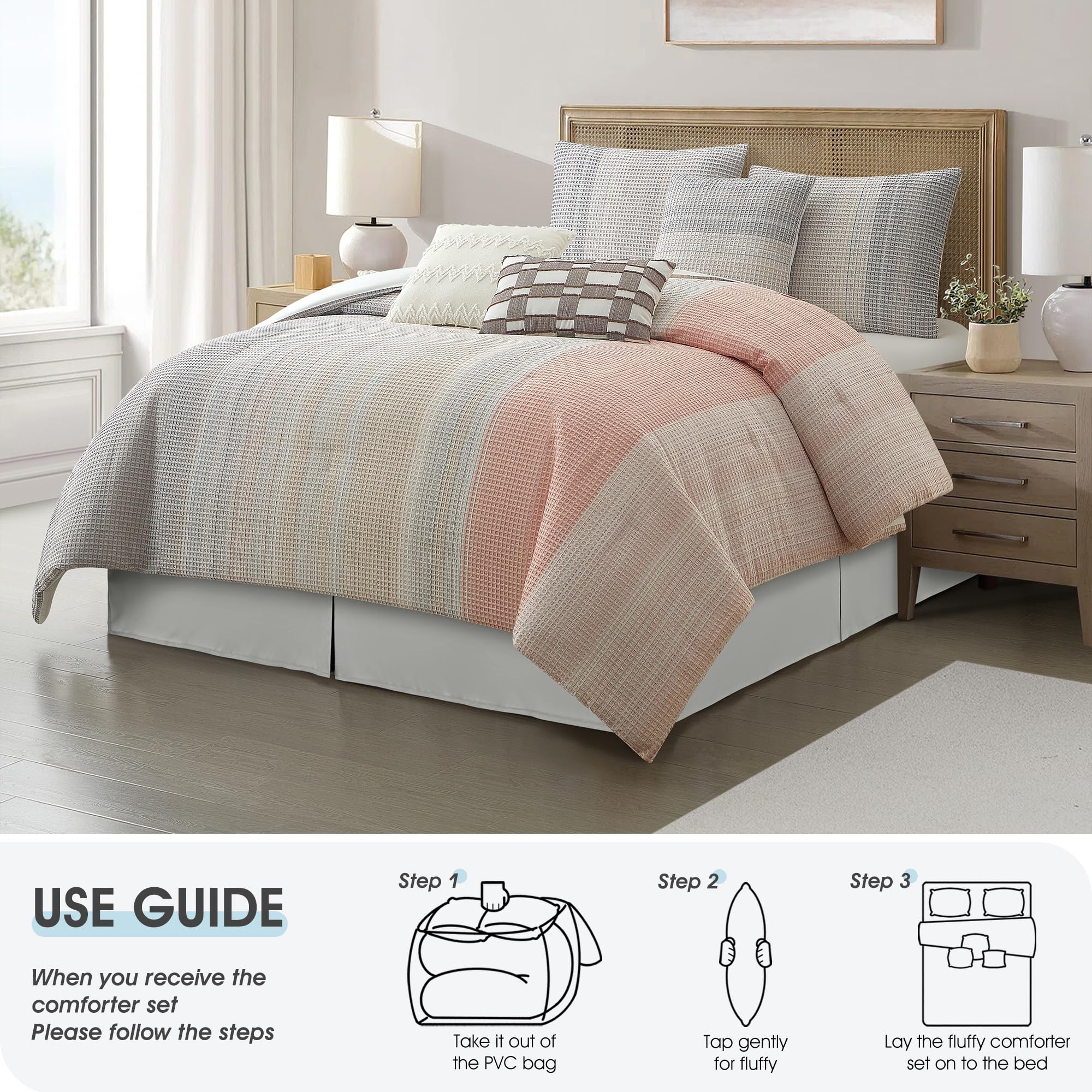 7-Piece King Comforter Set Grey Waffle Jacquard