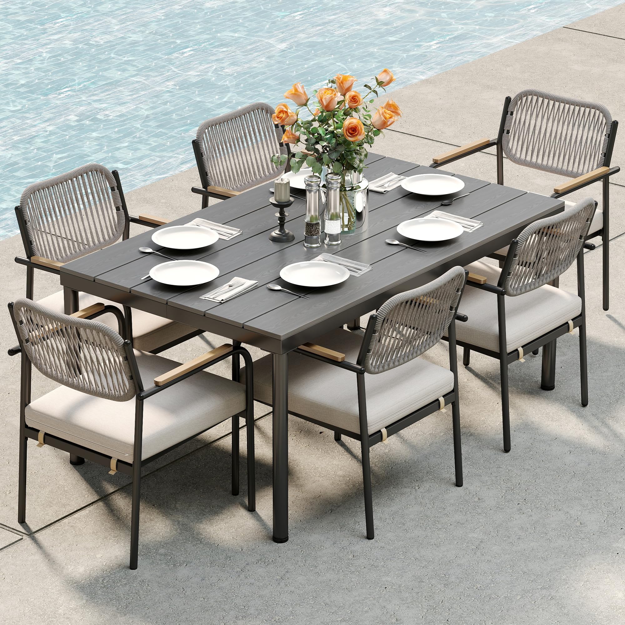 7-Piece Wicker Outdoor Dining Set for 6 with Armrests