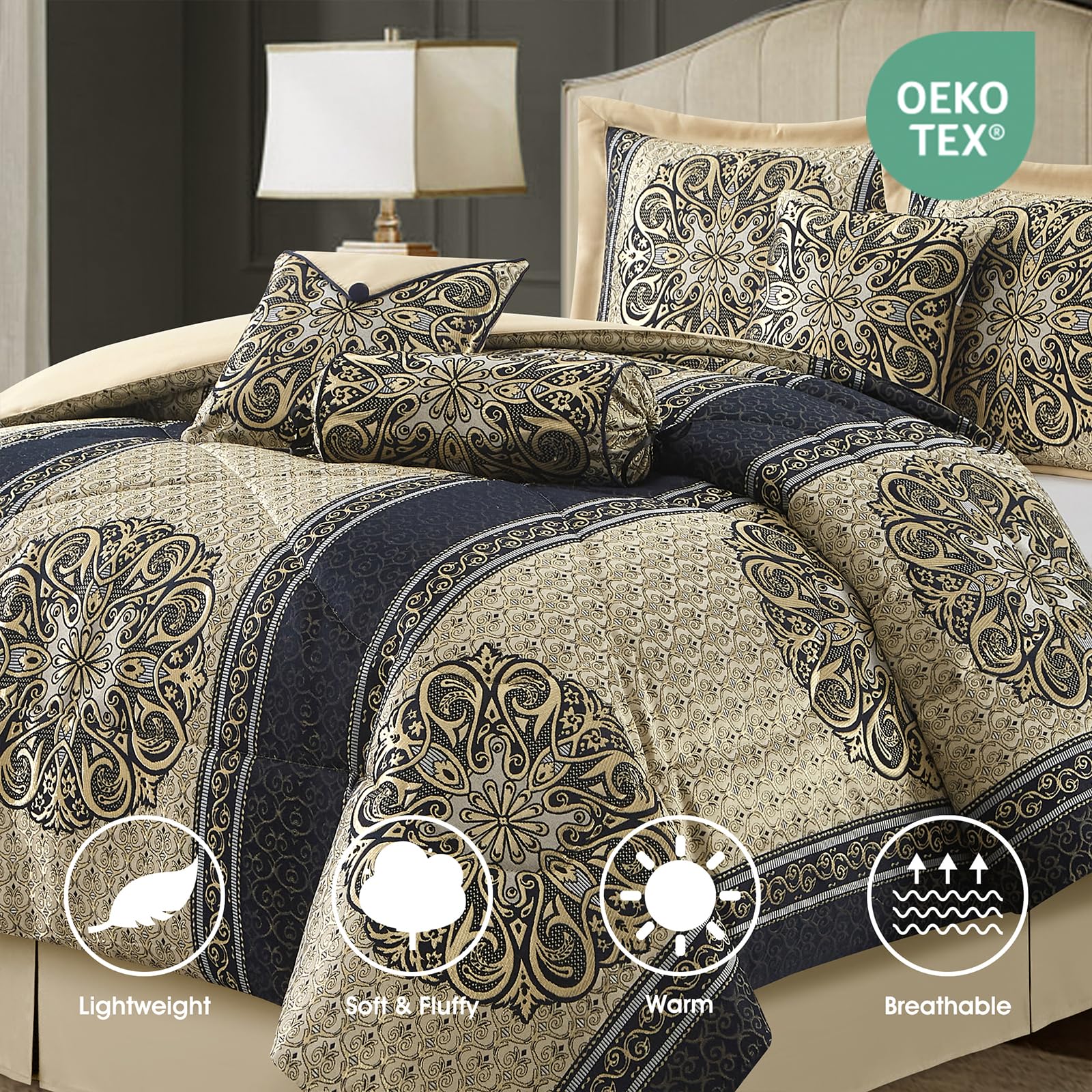 California King Comforter Set Navy Medallion Jacquard 7 Piece