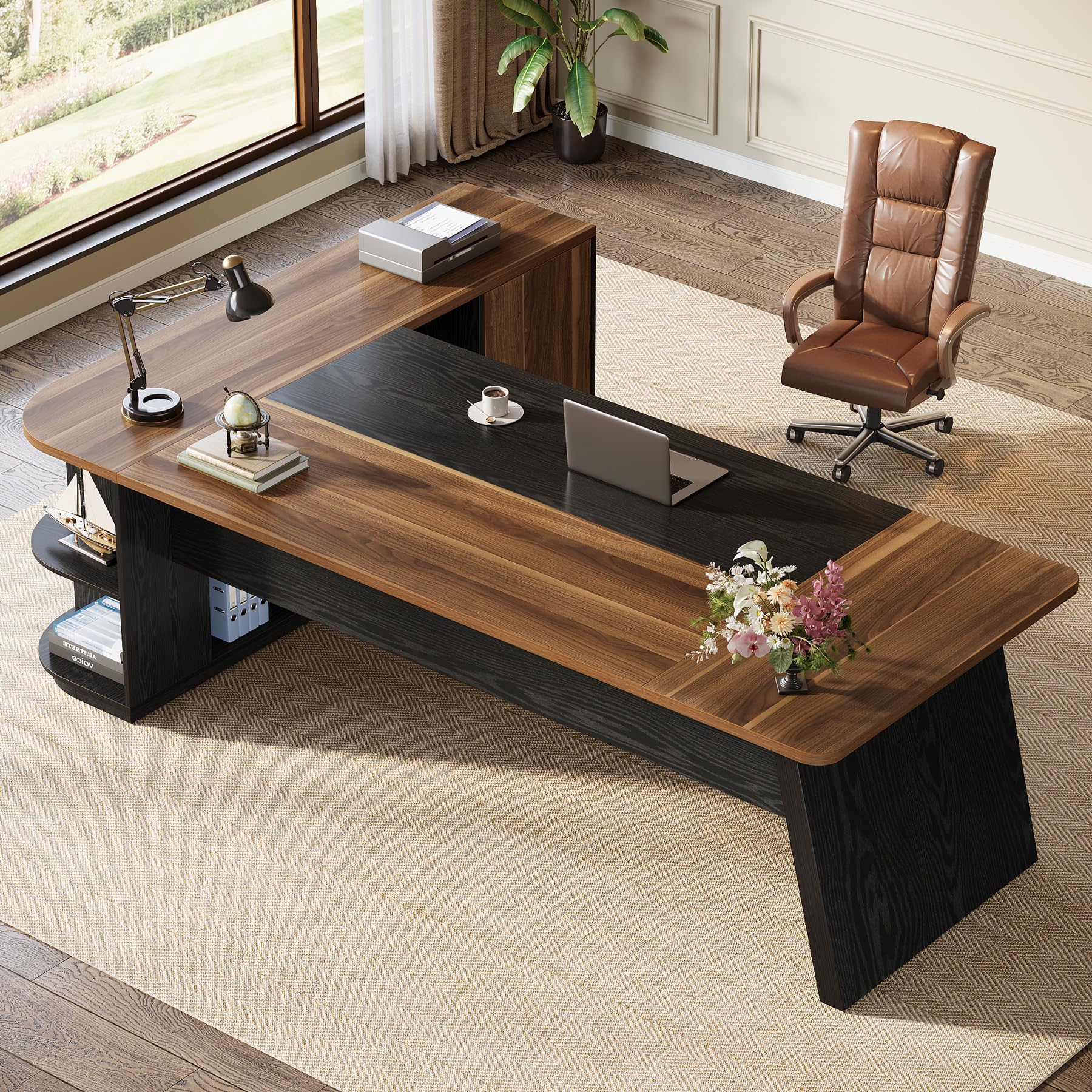 79-Inch L-Shaped Executive Desk with Storage Cabinet