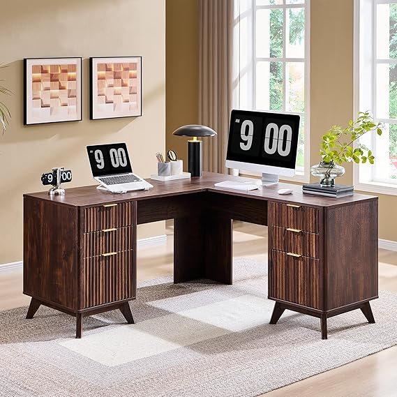 L-Shaped Executive Desk with Charging Station - 60 Inch Natural Oak