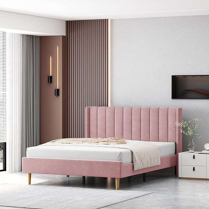 Pink Full Size Upholstered Platform Bed Frame with Wingback Headboard