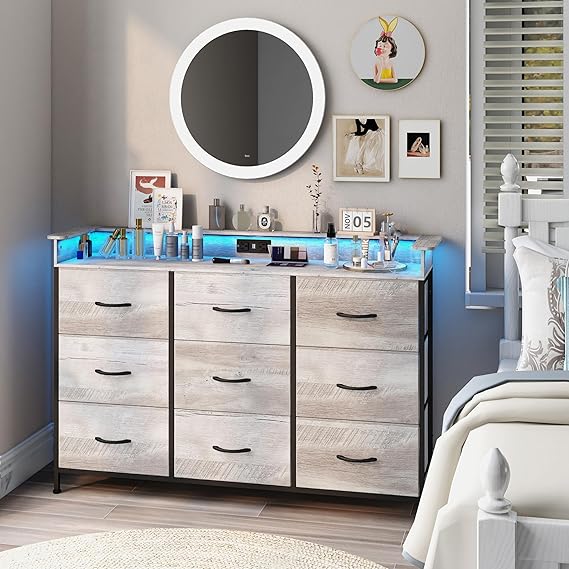 9-Drawer Dresser with LED Lights and Charging Station