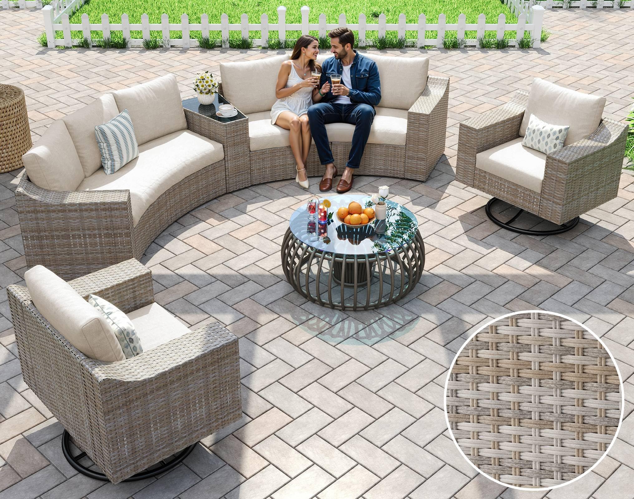 9-Piece Curved Wicker Patio Sectional with Swivel Rocking Chairs