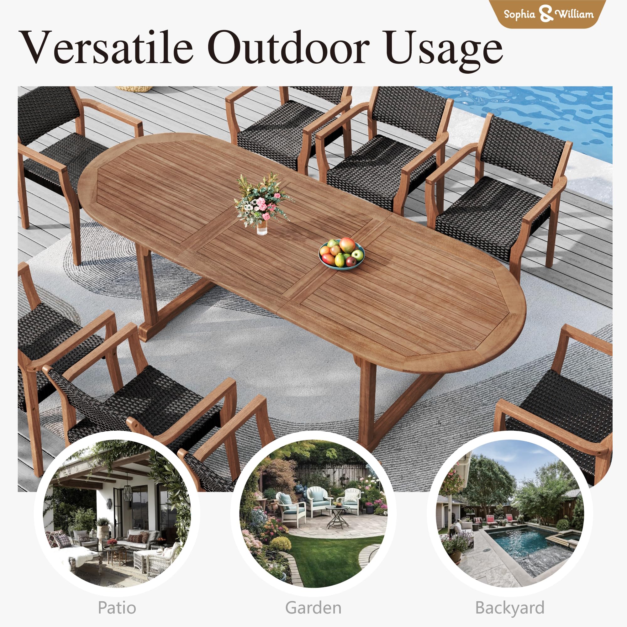 9-Piece Expandable Patio Dining Set with Acacia Wood Table and Rattan Chairs
