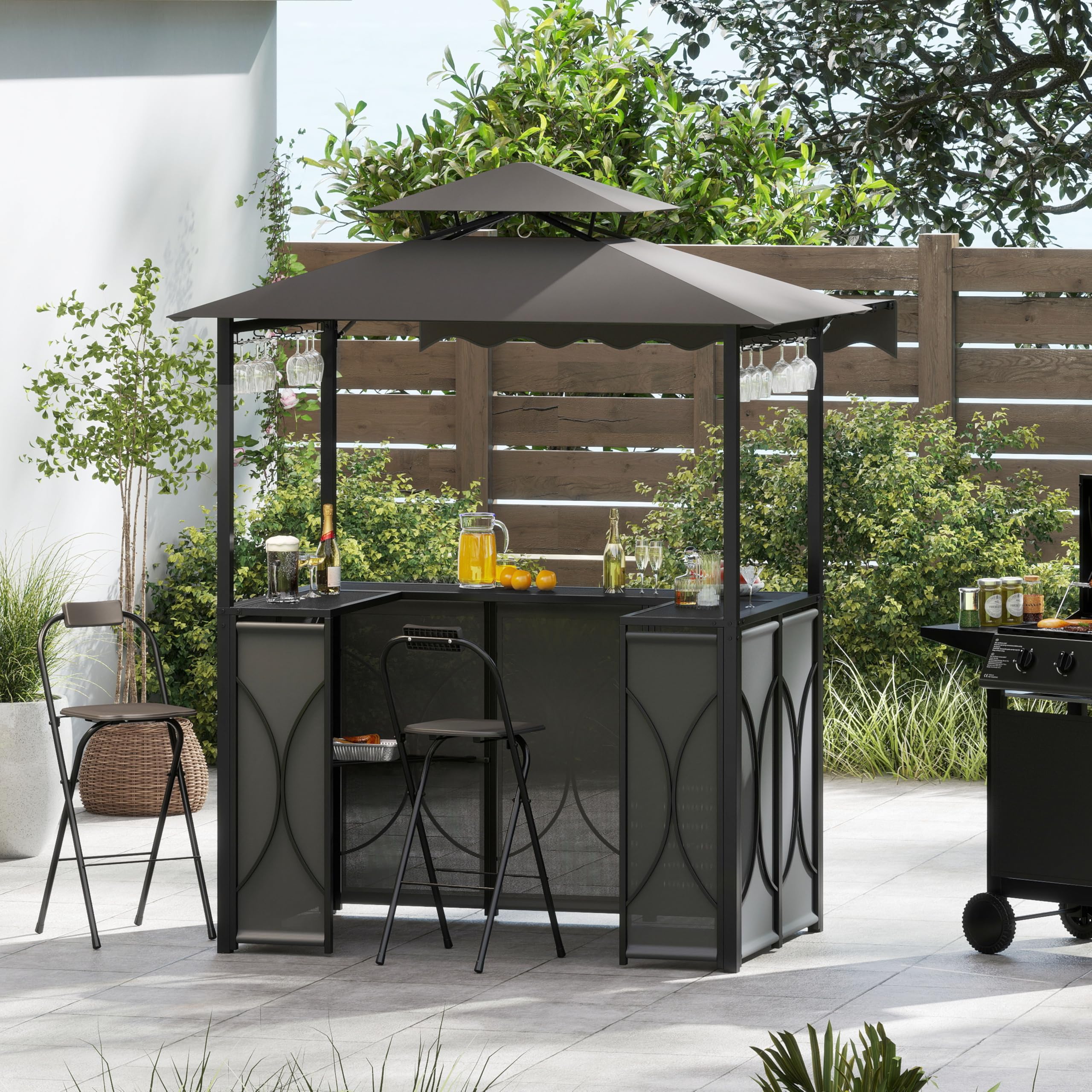 Grill Gazebo Bar Set with Awning and Foldable Stools