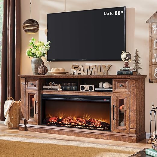 Fireplace TV Stand for 80 Inch TV with Electric Fireplace & LED Lights