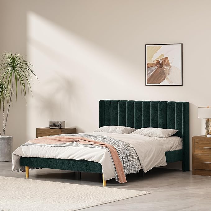 Pink Full Size Upholstered Platform Bed Frame with Wingback Headboard