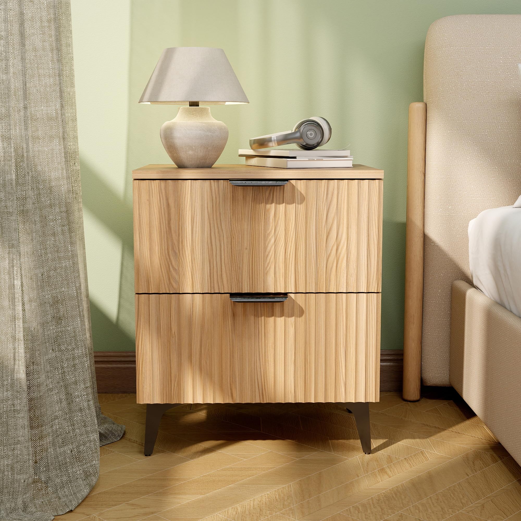 GRAINLLE Wood Night Stand Set 2 Fluted Dresser for Bedroom 2 Drawers End Tables Nightstands Set of 2, Storage Modern Bedside Table Set of 2, Oak Nightstand