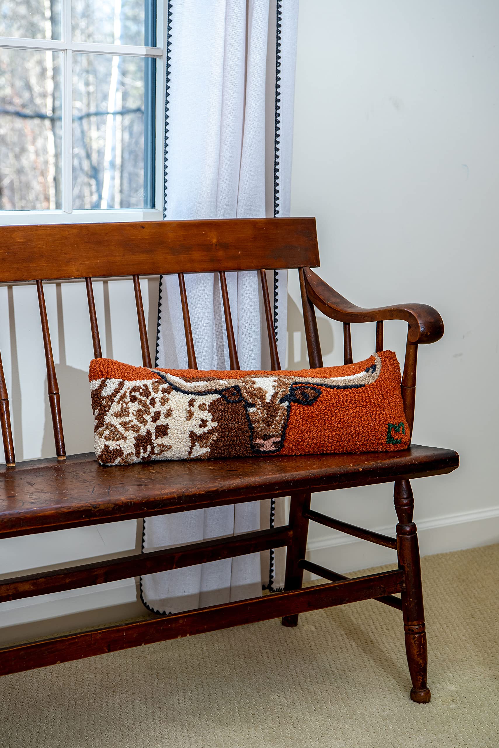 Longhorn Hand-Hooked Wool Throw Pillow