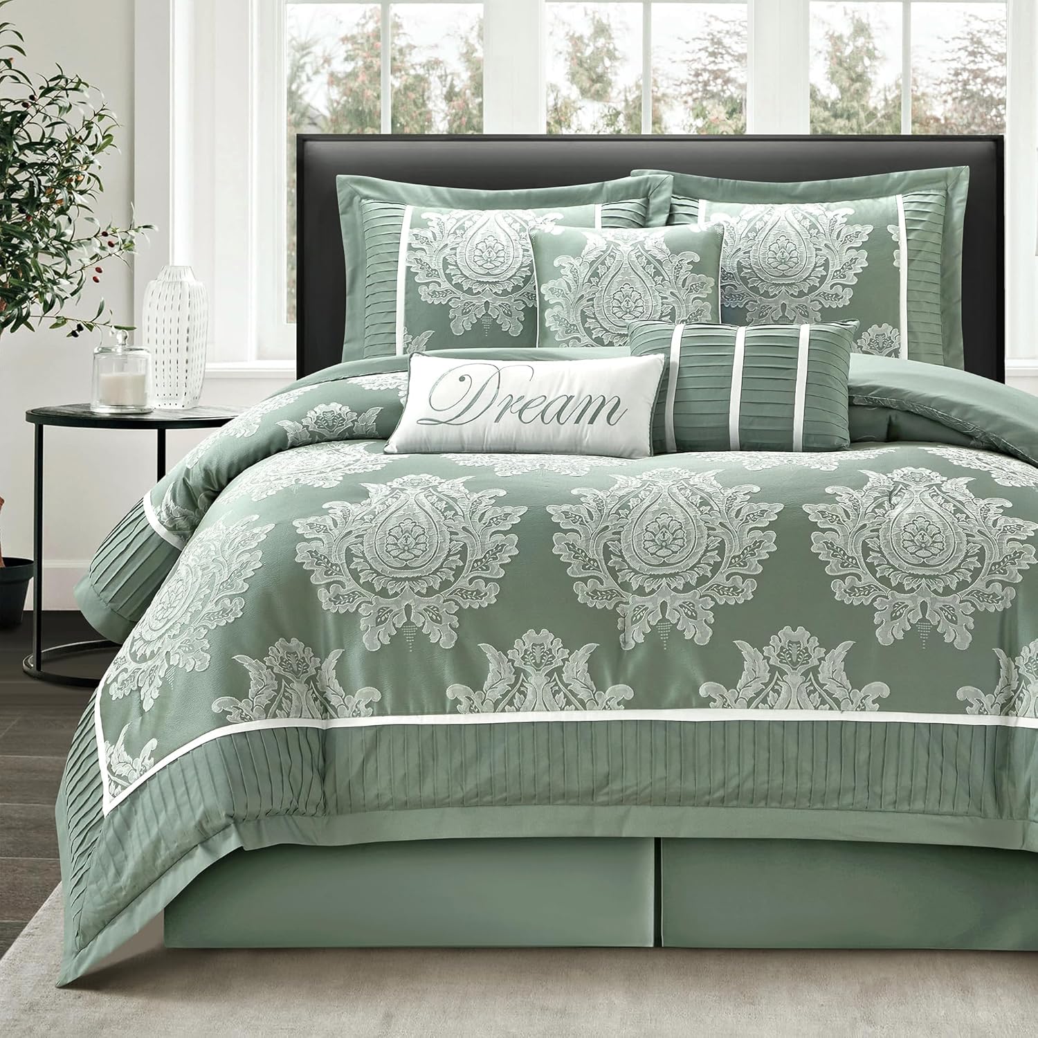 Blue King Size Damask Comforter Set - 7 Pieces