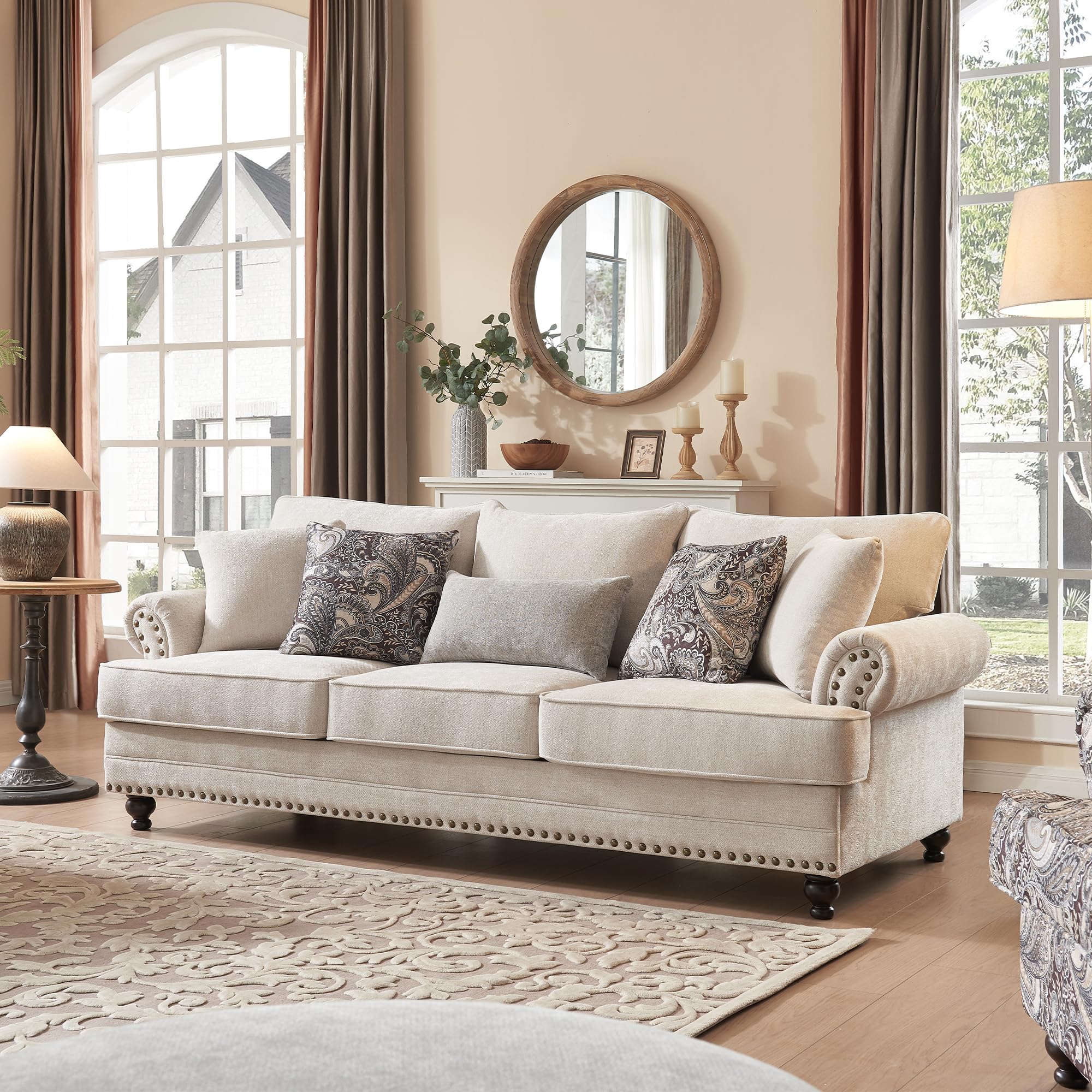 3-Seat Chenille Sofa with Nailhead Trim