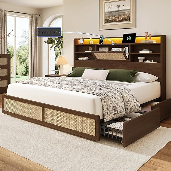King Size Rattan Bed Frame with Storage Drawers and LED Lights