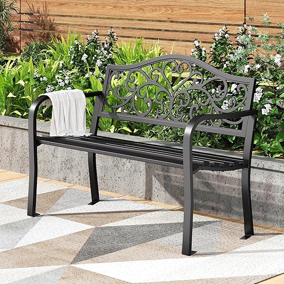 Cast Iron Garden Bench with Floral Backrest