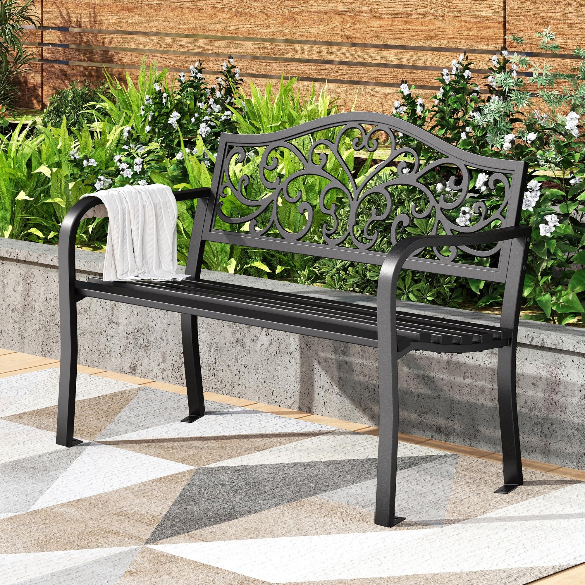 Cast Iron Garden Bench with Floral Backrest