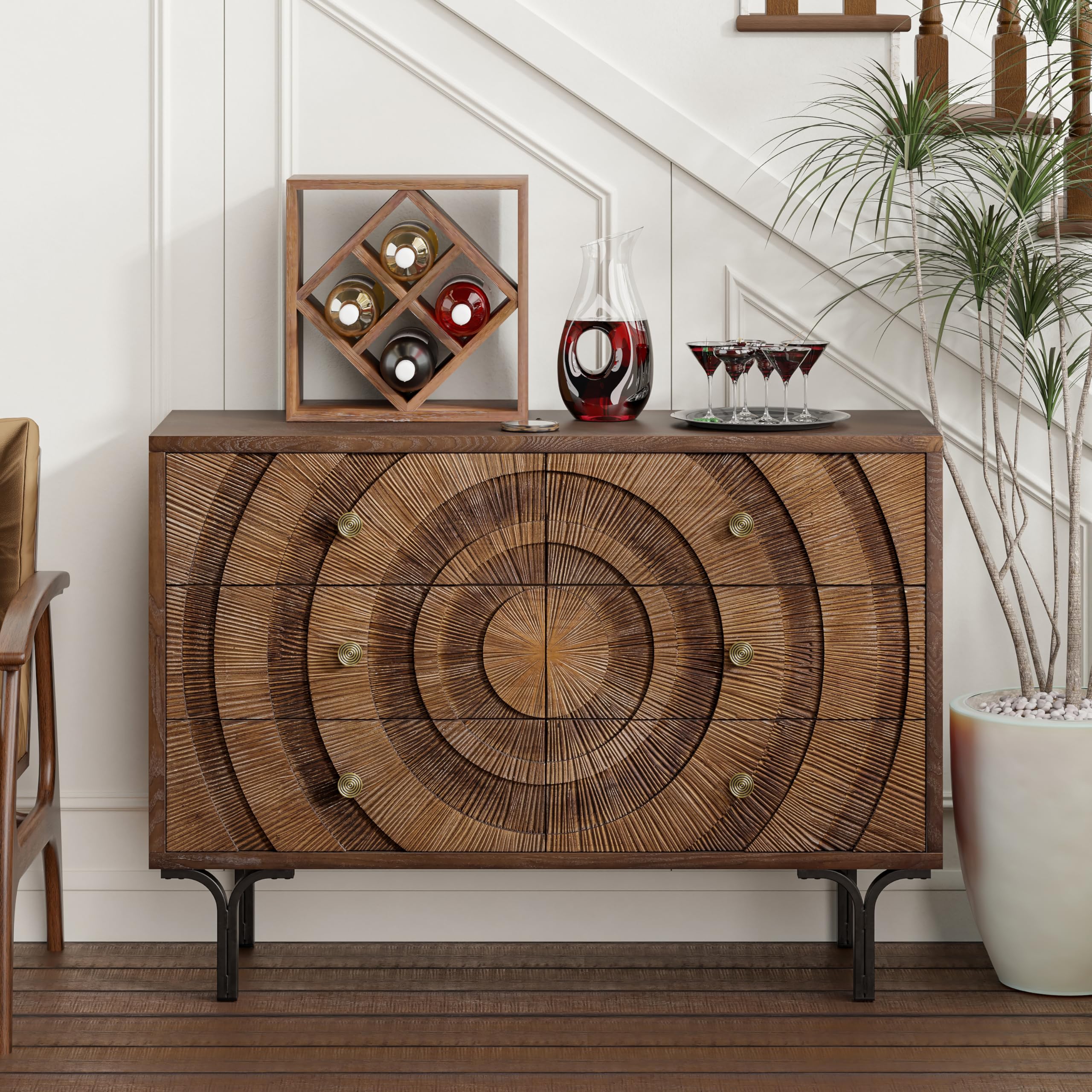 6-Drawer Farmhouse Dresser Circle Pattern Brown