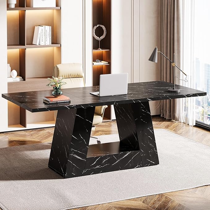 63-Inch Modern Computer Desk with Faux Marble Top