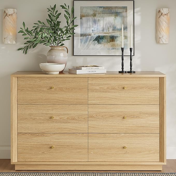 Mid Century Modern 6 Drawer Dresser 47 Inch Wide Gold Oak
