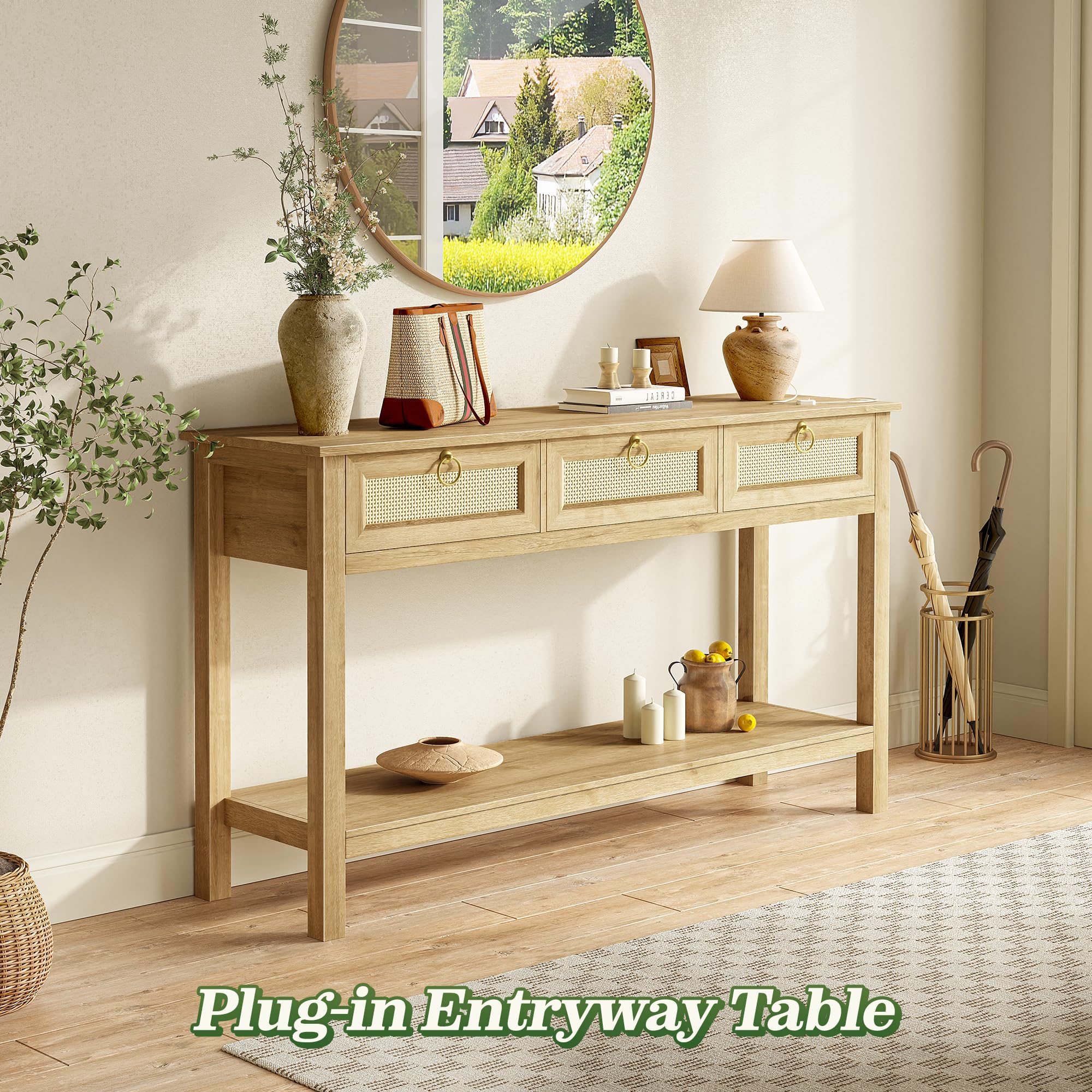 Rattan Console Table with Outlets and USB-C Port