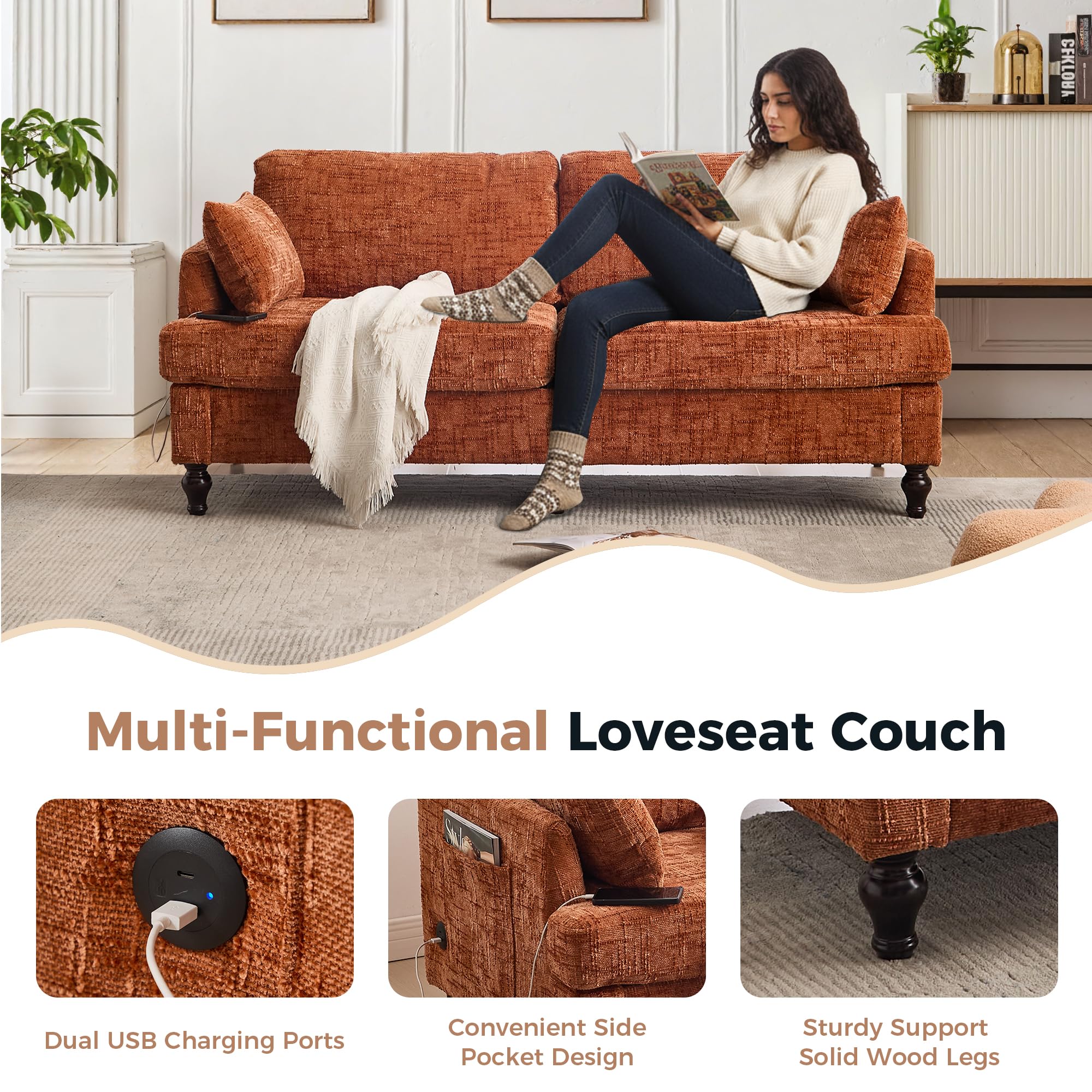 69" Mid-Century Modern Loveseat with USB & LED