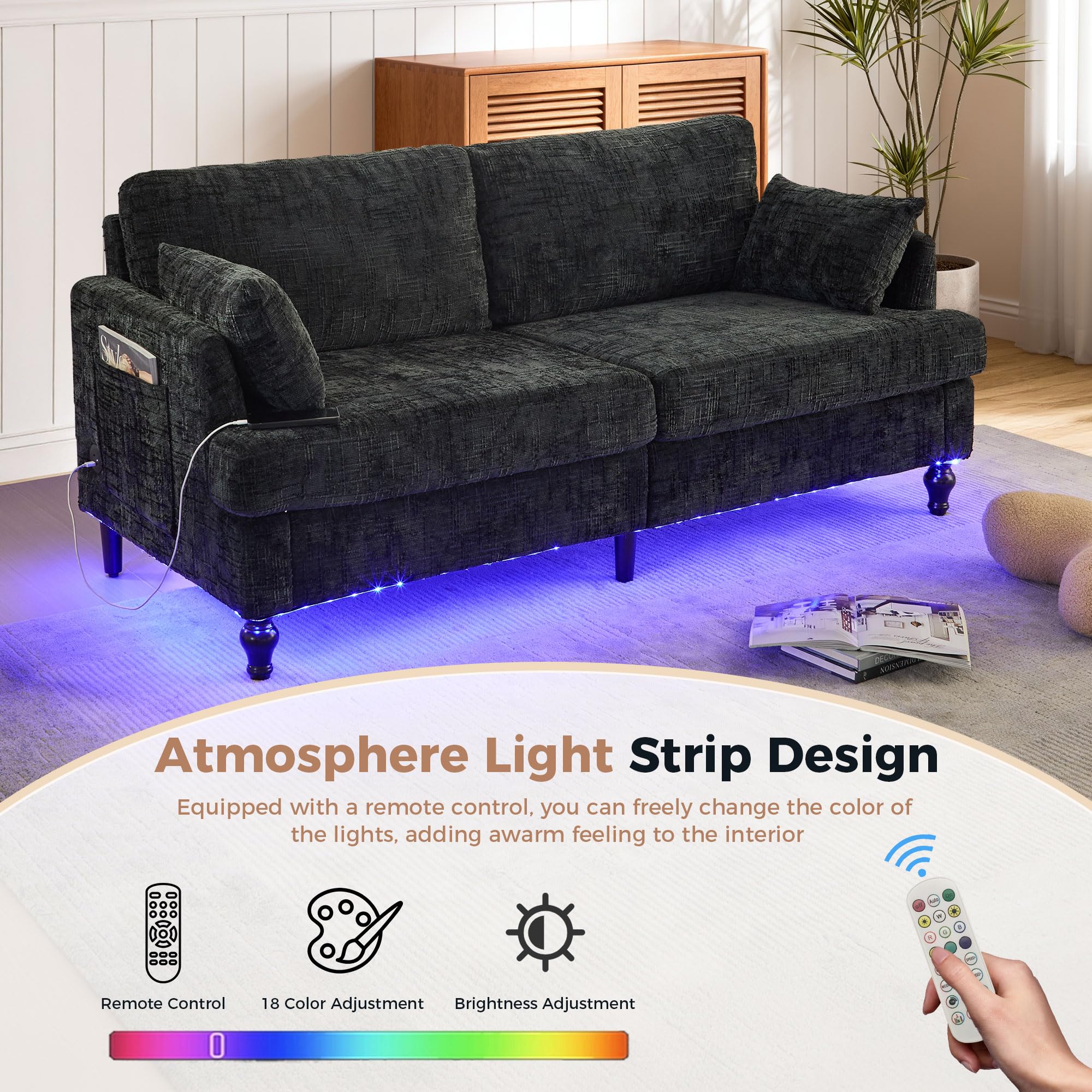 69" Mid-Century Modern Loveseat with USB & LED