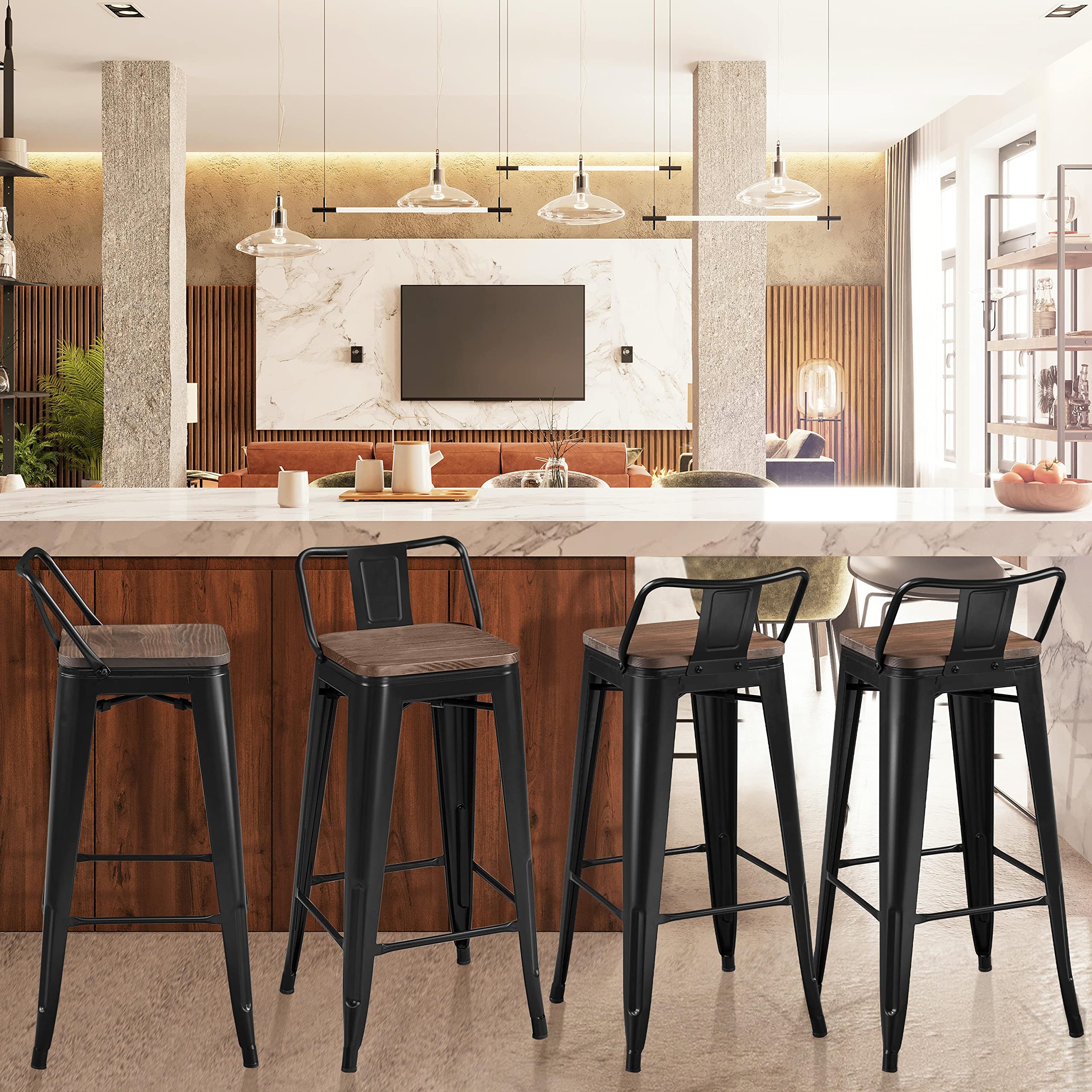 30" Metal Bar Stools Set of 4 with Wooden Seat and Low Back