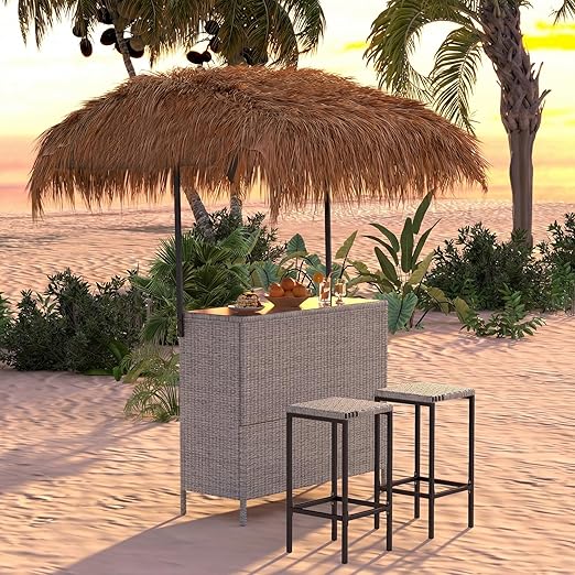 Phuket Patio Tiki Bar Set with Tempered Glass Top