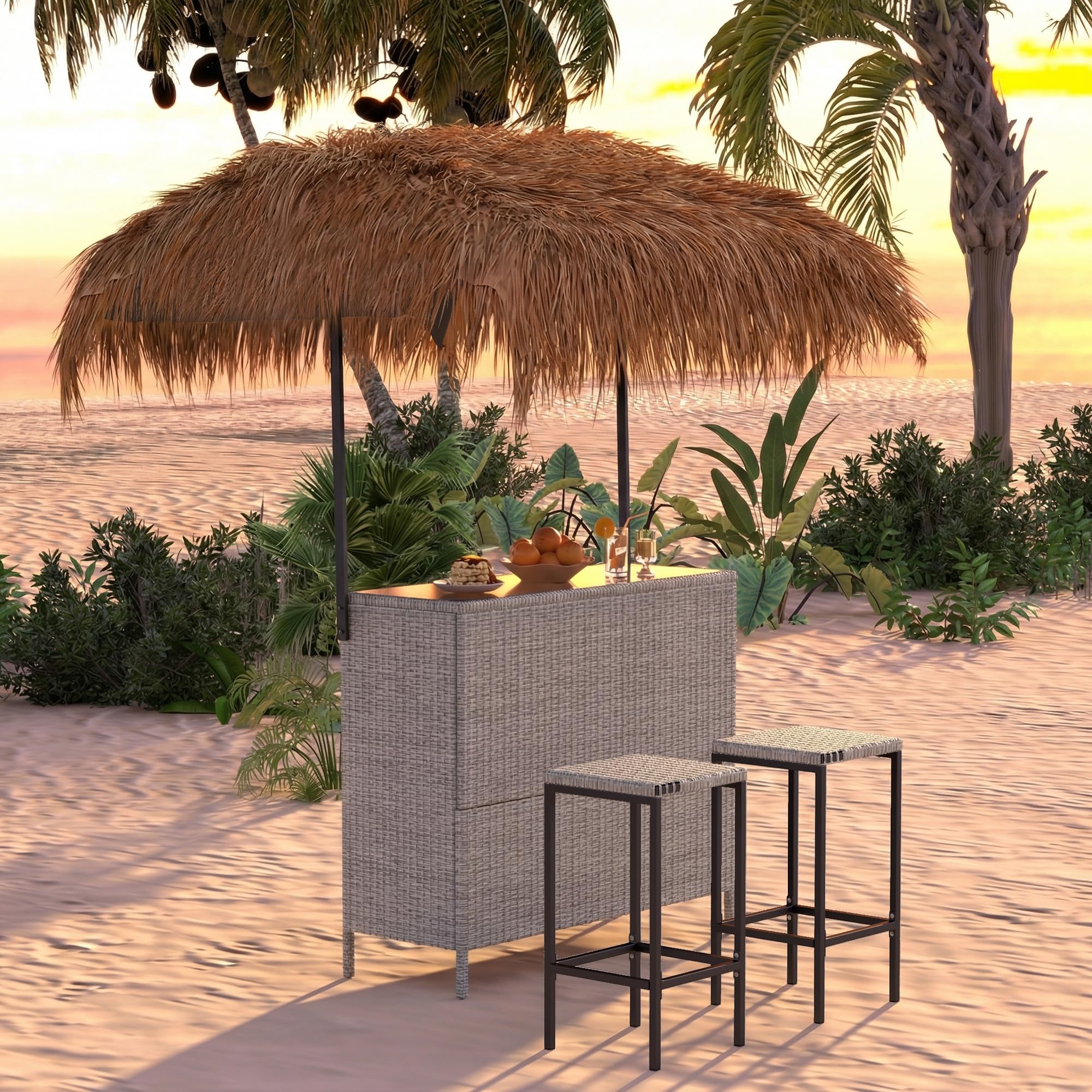 Tiki Bar Outdoor Patio Set with Tempered Glass Top